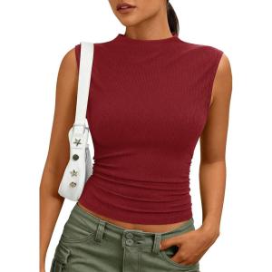 imagePRETTYGARDEN Sleeveless Tops for Women Ribbed Mock Neck Tank Top Slim Fitted Ruched Basic Layering Shirts 2026 Summer ClothesRed