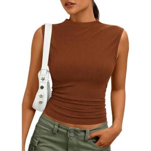imagePRETTYGARDEN Sleeveless Tops for Women Ribbed Mock Neck Tank Top Slim Fitted Ruched Basic Layering Shirts 2026 Summer ClothesRed Brown