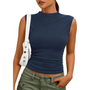 imagePRETTYGARDEN Sleeveless Tops for Women Ribbed Mock Neck Tank Top Slim Fitted Ruched Basic Layering Shirts 2026 Summer ClothesRoyal Blue