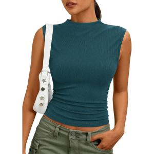 imagePRETTYGARDEN Sleeveless Tops for Women Ribbed Mock Neck Tank Top Slim Fitted Ruched Basic Layering Shirts 2026 Summer ClothesTeal