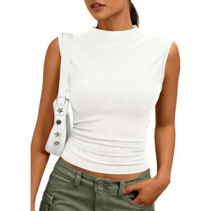 imagePRETTYGARDEN Sleeveless Tops for Women Ribbed Mock Neck Tank Top Slim Fitted Ruched Basic Layering Shirts 2026 Summer ClothesWhite