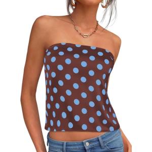 imagePRETTYGARDEN Strapless Tube Tops for Women 2026 Summer Sleeveless Backless Polka Dot Going Out Top Bandeau Cute Y2k ShirtDot Brown Blue