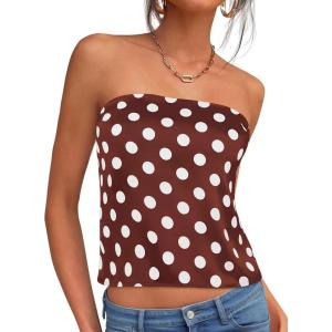 imagePRETTYGARDEN Strapless Tube Tops for Women 2026 Summer Sleeveless Backless Polka Dot Going Out Top Bandeau Cute Y2k ShirtDot Brown White