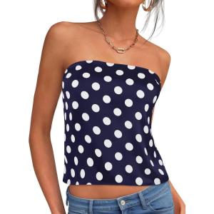 imagePRETTYGARDEN Strapless Tube Tops for Women 2026 Summer Sleeveless Backless Polka Dot Going Out Top Bandeau Cute Y2k ShirtDot Dark Blue White