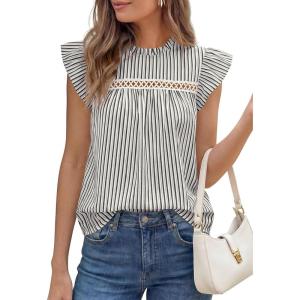 imagePRETTYGARDEN Striped Shirt Womens Summer Tops 2026 Spring Business Casual Work Dressy Crochet Lace Ruffle Cap Sleeve BlouseBlack Striped