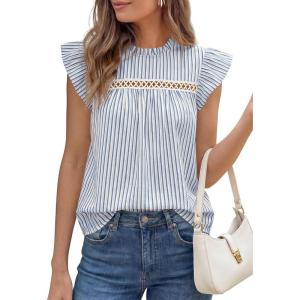 imagePRETTYGARDEN Striped Shirt Womens Summer Tops 2026 Spring Business Casual Work Dressy Crochet Lace Ruffle Cap Sleeve BlouseBlue Striped