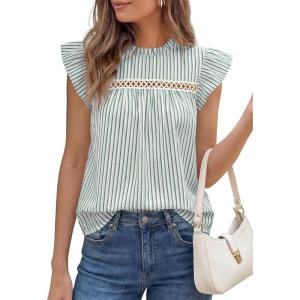 imagePRETTYGARDEN Striped Shirt Womens Summer Tops 2026 Spring Business Casual Work Dressy Crochet Lace Ruffle Cap Sleeve BlouseGreen Striped