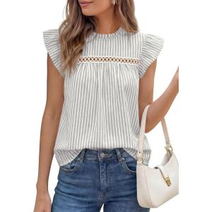 imagePRETTYGARDEN Striped Shirt Womens Summer Tops 2026 Spring Business Casual Work Dressy Crochet Lace Ruffle Cap Sleeve BlouseGrey Striped