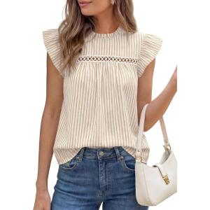 imagePRETTYGARDEN Striped Shirt Womens Summer Tops 2026 Spring Business Casual Work Dressy Crochet Lace Ruffle Cap Sleeve BlouseKhaki Striped