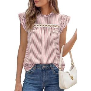 imagePRETTYGARDEN Striped Shirt Womens Summer Tops 2026 Spring Business Casual Work Dressy Crochet Lace Ruffle Cap Sleeve BlouseRed Striped
