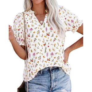 imagePRETTYGARDEN Summer Short Sleeve V Neck Shirts for Women 2026 Trendy Floral Print Loose Ruffle Tops Business Casual BlousesFloral White