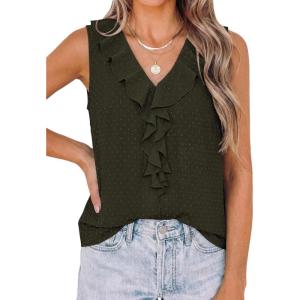imagePRETTYGARDEN Tank Tops for Women 2026 Summer Fashion Sleeveless Ruffle Button Swiss Dot Dressy Casual Blouses Work ShirtsArmy Green