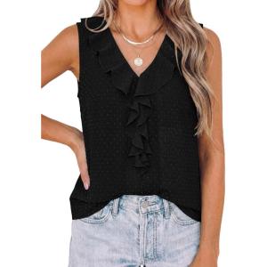 imagePRETTYGARDEN Tank Tops for Women 2026 Summer Fashion Sleeveless Ruffle Button Swiss Dot Dressy Casual Blouses Work ShirtsBlack