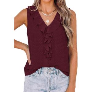 imagePRETTYGARDEN Tank Tops for Women 2026 Summer Fashion Sleeveless Ruffle Button Swiss Dot Dressy Casual Blouses Work ShirtsBurgundy