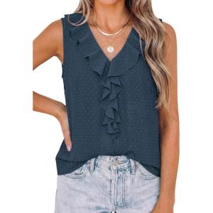 imagePRETTYGARDEN Tank Tops for Women 2026 Summer Fashion Sleeveless Ruffle Button Swiss Dot Dressy Casual Blouses Work ShirtsDark Blue