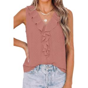 imagePRETTYGARDEN Tank Tops for Women 2026 Summer Fashion Sleeveless Ruffle Button Swiss Dot Dressy Casual Blouses Work ShirtsDusty Pink
