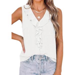 imagePRETTYGARDEN Tank Tops for Women 2026 Summer Fashion Sleeveless Ruffle Button Swiss Dot Dressy Casual Blouses Work ShirtsOffwhite