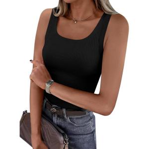 imagePRETTYGARDEN Tank Tops for Women 2026 Summer Sleeveless Scoop Neck Ribbed Tops Cute Spring Casual Fitted Basic Cami ShirtsBlack