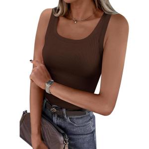 imagePRETTYGARDEN Tank Tops for Women 2026 Summer Sleeveless Scoop Neck Ribbed Tops Cute Spring Casual Fitted Basic Cami ShirtsBrown