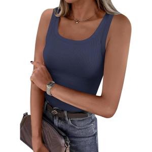 imagePRETTYGARDEN Tank Tops for Women 2026 Summer Sleeveless Scoop Neck Ribbed Tops Cute Spring Casual Fitted Basic Cami ShirtsDark Blue