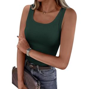 imagePRETTYGARDEN Tank Tops for Women 2026 Summer Sleeveless Scoop Neck Ribbed Tops Cute Spring Casual Fitted Basic Cami ShirtsDark Green