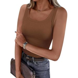 imagePRETTYGARDEN Tank Tops for Women 2026 Summer Sleeveless Scoop Neck Ribbed Tops Cute Spring Casual Fitted Basic Cami ShirtsDark Khaki