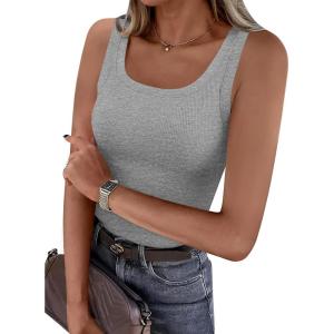 imagePRETTYGARDEN Tank Tops for Women 2026 Summer Sleeveless Scoop Neck Ribbed Tops Cute Spring Casual Fitted Basic Cami ShirtsGrey