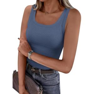 imagePRETTYGARDEN Tank Tops for Women 2026 Summer Sleeveless Scoop Neck Ribbed Tops Cute Spring Casual Fitted Basic Cami ShirtsGrey Blue