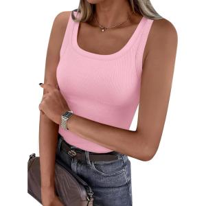 imagePRETTYGARDEN Tank Tops for Women 2026 Summer Sleeveless Scoop Neck Ribbed Tops Cute Spring Casual Fitted Basic Cami ShirtsPink