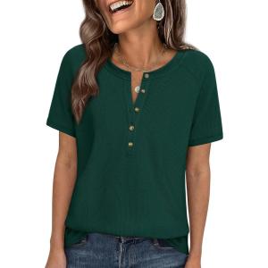 imagePRETTYGARDEN Waffle Knit Tops for Women Short Sleeve Henley Shirts 2026 Summer Blouses Dressy Casual Spring Fashion ClothesDark Green