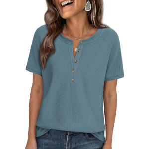 imagePRETTYGARDEN Waffle Knit Tops for Women Short Sleeve Henley Shirts 2026 Summer Blouses Dressy Casual Spring Fashion ClothesDusty Blue
