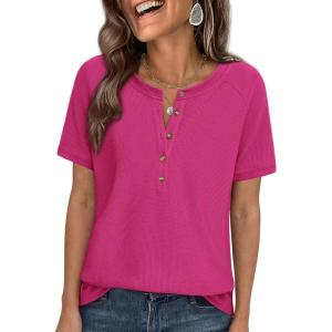 imagePRETTYGARDEN Waffle Knit Tops for Women Short Sleeve Henley Shirts 2026 Summer Blouses Dressy Casual Spring Fashion ClothesHot Pink