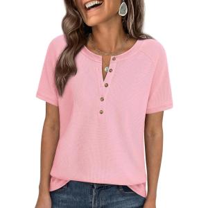 imagePRETTYGARDEN Waffle Knit Tops for Women Short Sleeve Henley Shirts 2026 Summer Blouses Dressy Casual Spring Fashion ClothesLight Pink