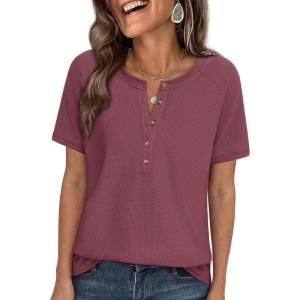 imagePRETTYGARDEN Waffle Knit Tops for Women Short Sleeve Henley Shirts 2026 Summer Blouses Dressy Casual Spring Fashion ClothesMauve