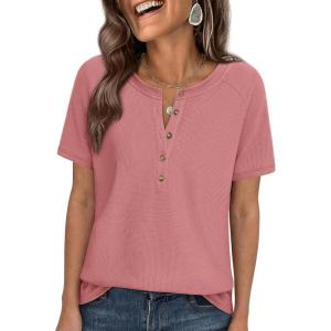 imagePRETTYGARDEN Waffle Knit Tops for Women Short Sleeve Henley Shirts 2026 Summer Blouses Dressy Casual Spring Fashion ClothesPink