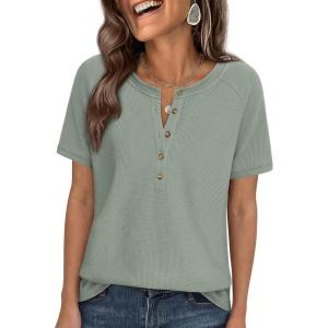 imagePRETTYGARDEN Waffle Knit Tops for Women Short Sleeve Henley Shirts 2026 Summer Blouses Dressy Casual Spring Fashion ClothesSage Green