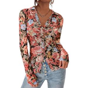 imagePRETTYGARDEN Women Button Down Floral Shirts 2026 Fall Trendy Long Sleeve V Neck Mesh Boho Blouse Spring Tops Date OutfitsBlack Floral