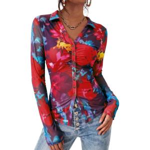 imagePRETTYGARDEN Women Button Down Floral Shirts 2026 Fall Trendy Long Sleeve V Neck Mesh Boho Blouse Spring Tops Date OutfitsFloral Navy Red