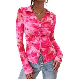 imagePRETTYGARDEN Women Button Down Floral Shirts 2026 Fall Trendy Long Sleeve V Neck Mesh Boho Blouse Spring Tops Date OutfitsFloral Pink