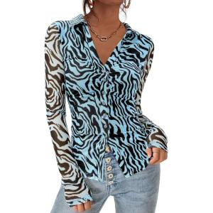 imagePRETTYGARDEN Women Button Down Floral Shirts 2026 Fall Trendy Long Sleeve V Neck Mesh Boho Blouse Spring Tops Date OutfitsZebra Blue Black