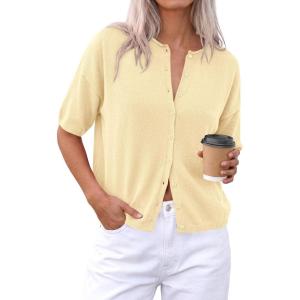 imagePRETTYGARDEN Women Spring Short Sleeve Cardigan Sweaters Button Down Knit Shirt Blouse Dressy Casual Tops 2026 Summer OutfitsBeige Yellow