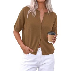 imagePRETTYGARDEN Women Spring Short Sleeve Cardigan Sweaters Button Down Knit Shirt Blouse Dressy Casual Tops 2026 Summer OutfitsDark Khaki