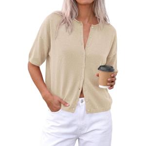 imagePRETTYGARDEN Women Spring Short Sleeve Cardigan Sweaters Button Down Knit Shirt Blouse Dressy Casual Tops 2026 Summer OutfitsLight Khaki