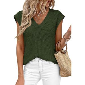 imagePRETTYGARDEN Womens 2026 Lightweight Sweaters Vest Spring Trendy Cap Sleeve V Neck Knit Tank Tops Summer Going Out OutfitsArmy Green