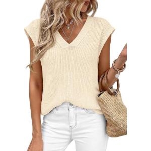 imagePRETTYGARDEN Womens 2026 Lightweight Sweaters Vest Spring Trendy Cap Sleeve V Neck Knit Tank Tops Summer Going Out OutfitsBeige