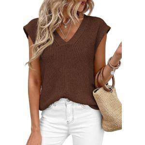 imagePRETTYGARDEN Womens 2026 Lightweight Sweaters Vest Spring Trendy Cap Sleeve V Neck Knit Tank Tops Summer Going Out OutfitsCoffee