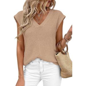 imagePRETTYGARDEN Womens 2026 Lightweight Sweaters Vest Spring Trendy Cap Sleeve V Neck Knit Tank Tops Summer Going Out OutfitsKhaki