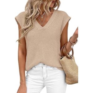 imagePRETTYGARDEN Womens 2026 Lightweight Sweaters Vest Spring Trendy Cap Sleeve V Neck Knit Tank Tops Summer Going Out OutfitsLight Khaki