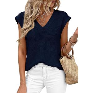 imagePRETTYGARDEN Womens 2026 Lightweight Sweaters Vest Spring Trendy Cap Sleeve V Neck Knit Tank Tops Summer Going Out OutfitsNavy Blue