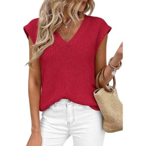 imagePRETTYGARDEN Womens 2026 Lightweight Sweaters Vest Spring Trendy Cap Sleeve V Neck Knit Tank Tops Summer Going Out OutfitsRed